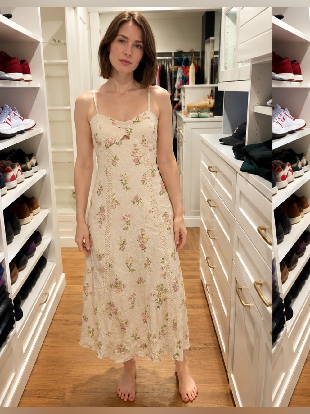 NWT Caroline Constas Floral Cream Slip Dress with Pink/Yellow Print